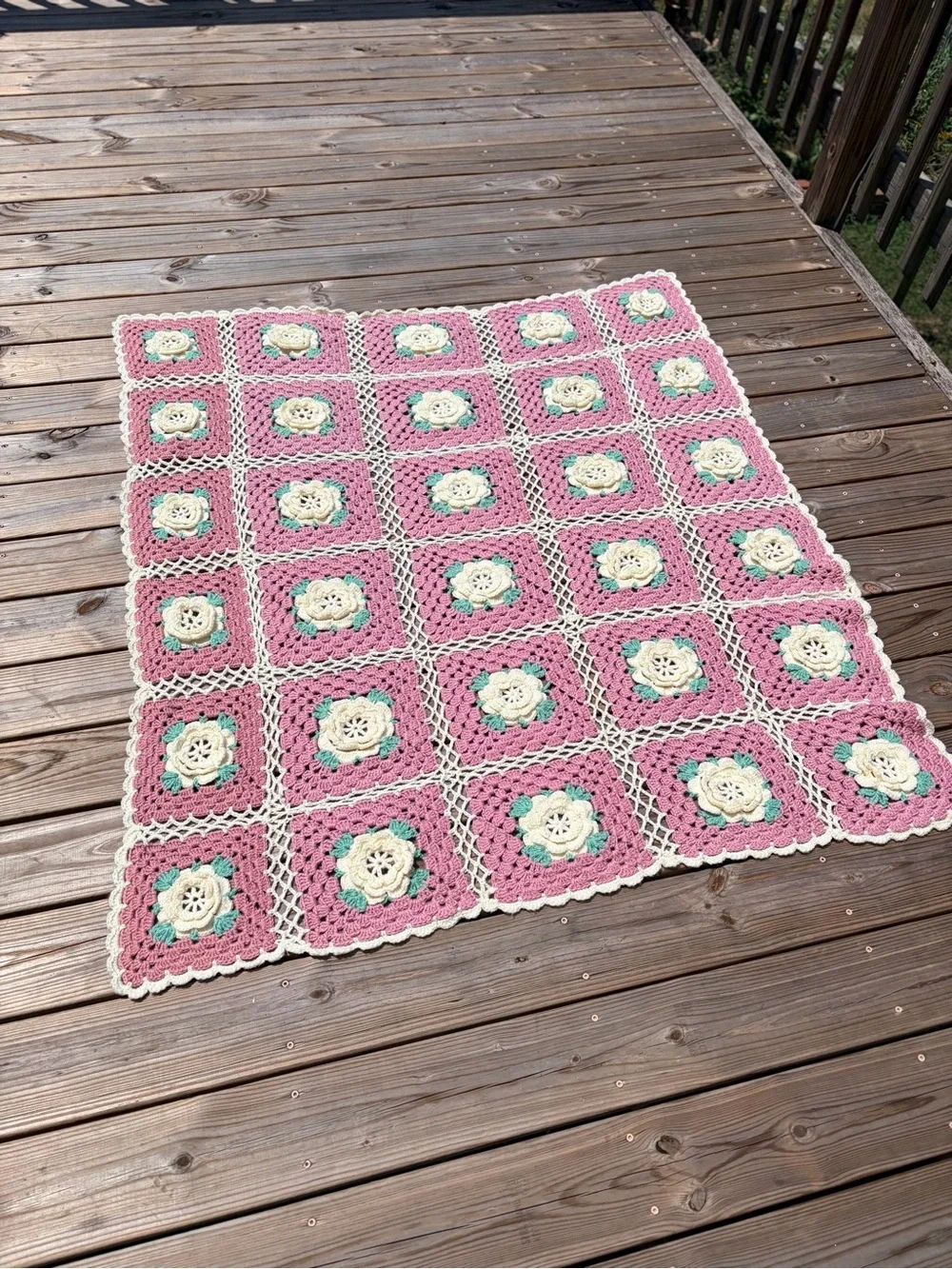 Vintage Crochet Blanket Pink Floral Granny Square Throw 52x60 Cottagecore